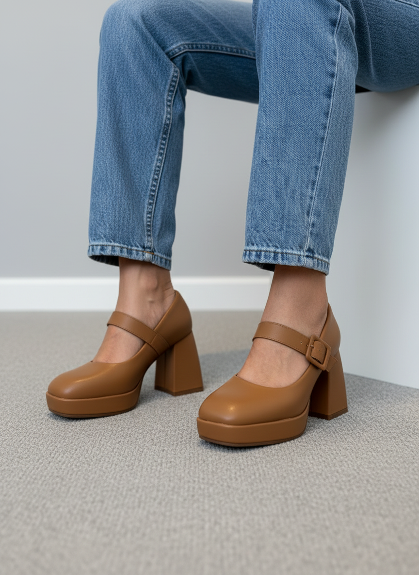 Zapatos Mary Jane Con Plataforma Terracota 13764 Tacón Grueso Y Plataforma Delantera Para Mayor Altura Y Estabilidad