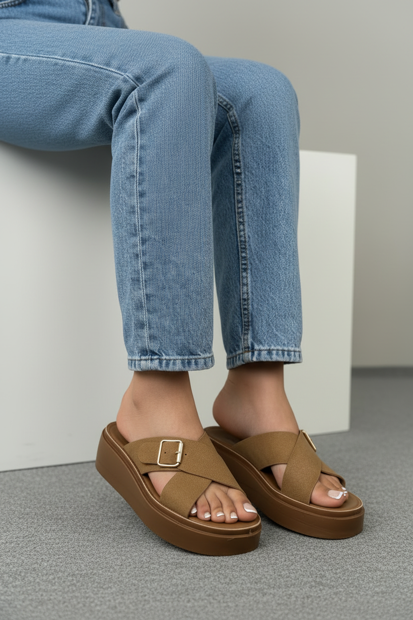 Sandalias Con Plataforma + Tiras Anchas Cruzadas En Negro Y Hebilla Metálica + Estilo Urbano + 14087