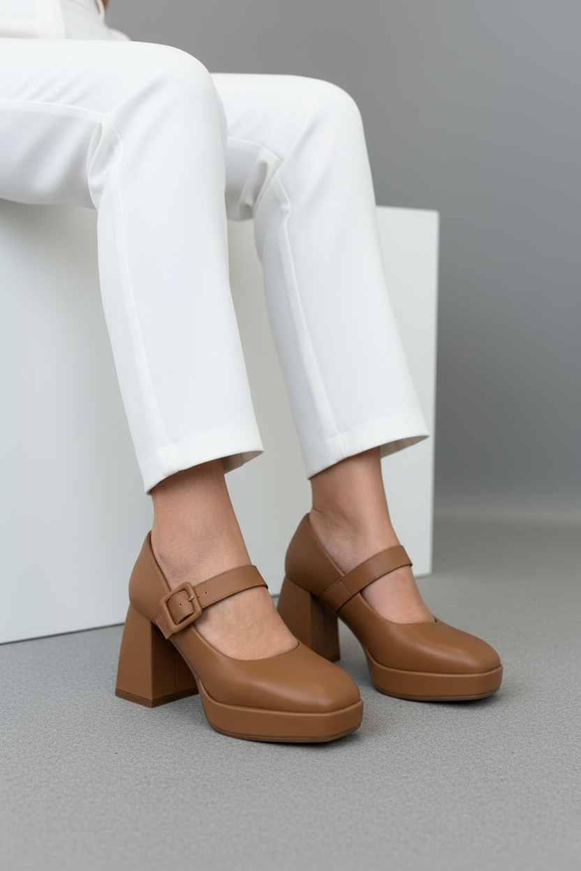 Zapatos Mary Jane Con Plataforma Terracota 13764 Tacón Grueso Y Plataforma Delantera Para Mayor Altura Y Estabilidad