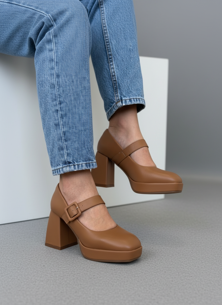 Zapatos Mary Jane Con Plataforma Terracota 13764 Tacón Grueso Y Plataforma Delantera Para Mayor Altura Y Estabilidad