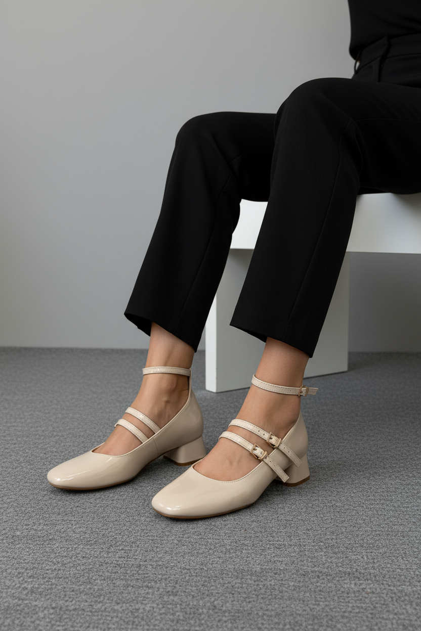 Mary Jane Beige De Charol Con Doble Correa Tacón Bajo 14312 Estilo Clásico Y Sofisticado