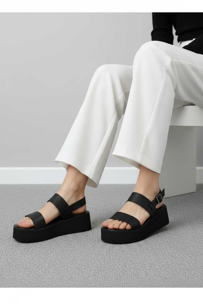 Sandalias Negras con Plataforma Alta y Hebilla Metálica Estilo Urbano y Sofisticado – 14269