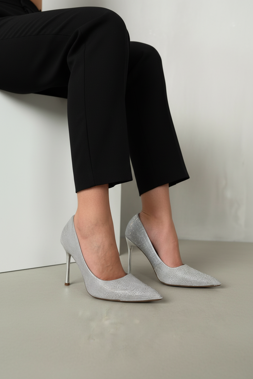 Tacones Plateados Con Brillos Finos Y Punta Cerrada Glamour Atemporal Para Eventos - 14260