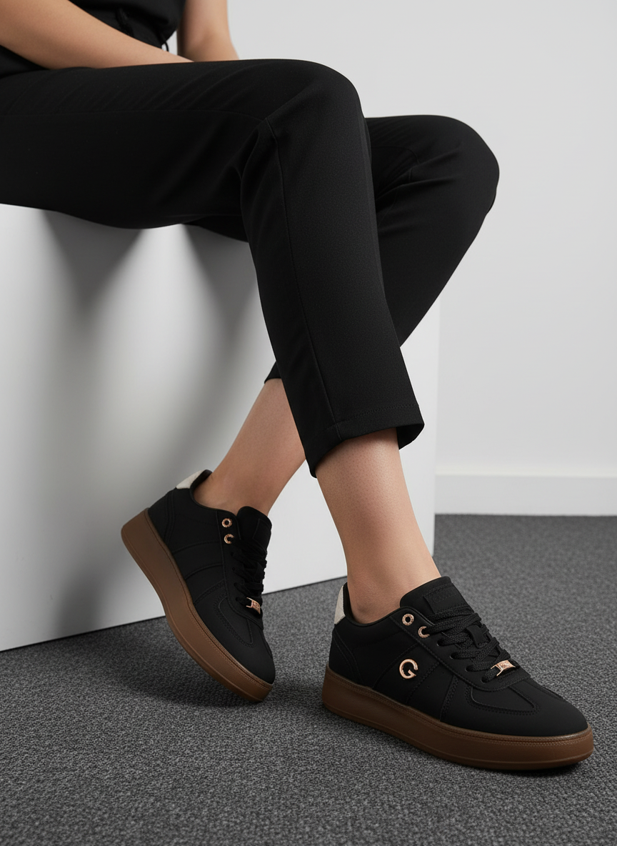 Tenis Casual En Negro Con Suela Marrón Y Detalles Metálicos Minimalista Y Sofisticado - 13450