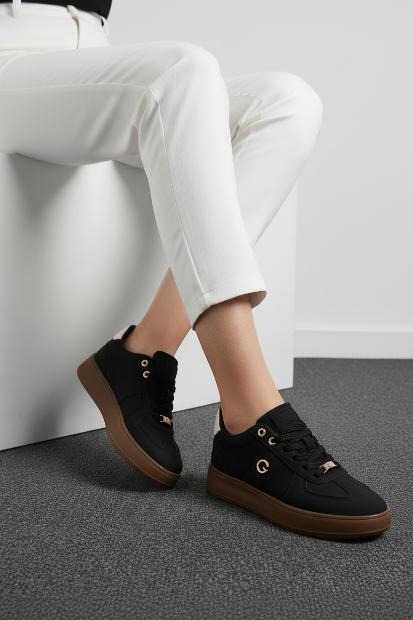 Tenis Casual En Negro Con Suela Marrón Y Detalles Metálicos Minimalista Y Sofisticado - 13450