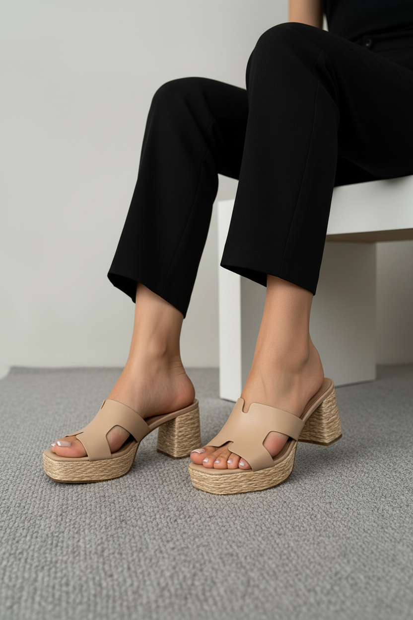 Sandalias De Tacón Casual Beige Trenzado 13754 Con Plataforma Y Tacón Ancho Para Mayor Estabilidad