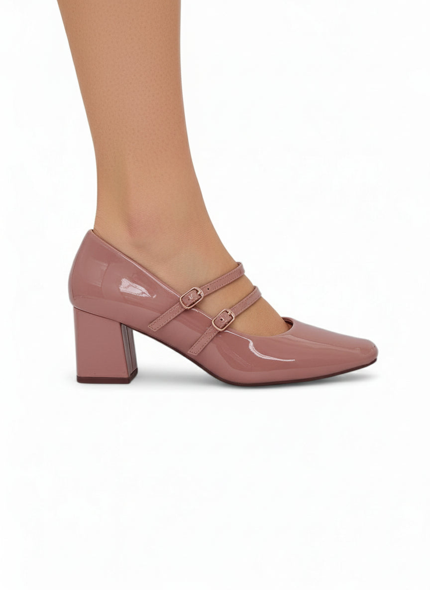 11295 - Zapatos Mary Jane para Mujer en Charol Nude Rosado con Doble Correa