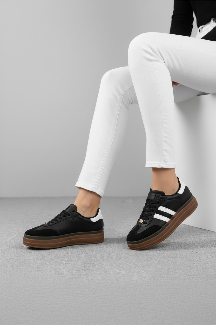 Tenis Plataforma Blanco Rojo Con Suela Caramelo Estilo Retro Deportivo Moderno - 13365