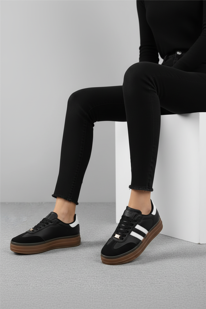 Tenis Plataforma Blanco Rojo Con Suela Caramelo Estilo Retro Deportivo Moderno - 13365