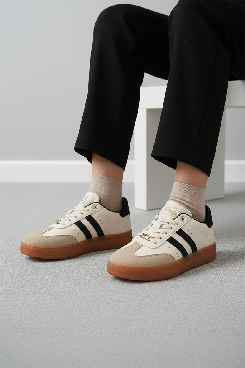 Tenis Casual Para Mujer + Con Detalles En Negro, Blanco Y Gris Y Suela Marrón + Estilo Urbano Moderno + 13371