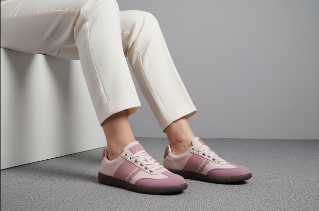 Tenis Casual Gris Claro Con Detalles Rosa Pastel Retro Para Mujer Urbano – 13406