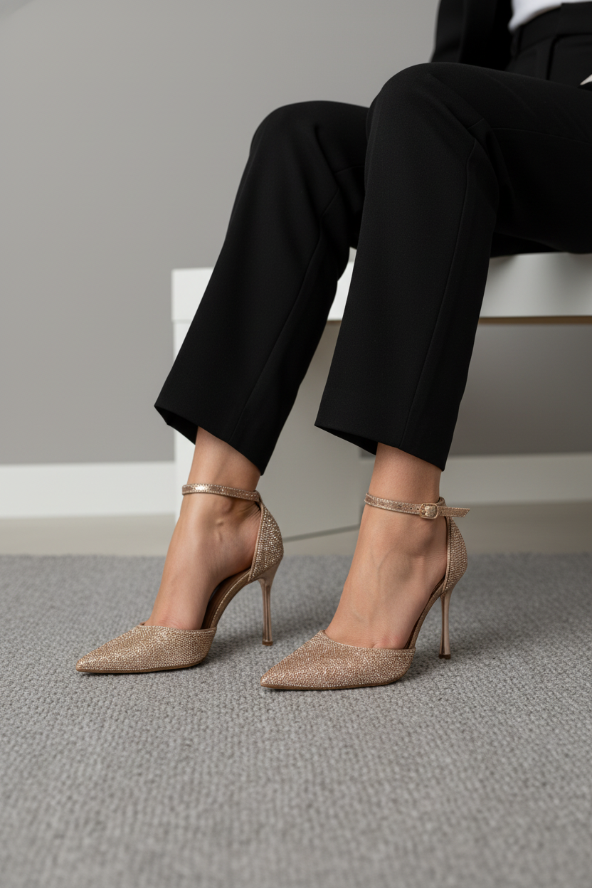 Tacones Rosa Gold con Brillos Finos y Correa al Tobillo Elegancia Sofisticada – 14262