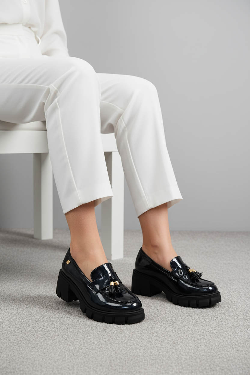 Mocasines Plataforma Azul Charol Con Borlas Frontales Y Suela Robusta de Moda - 14547