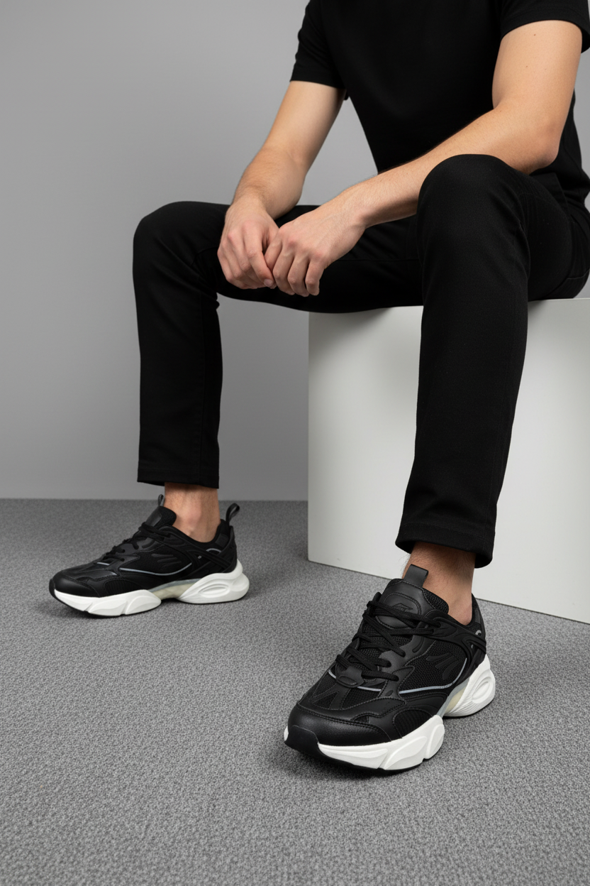 Zapatilla Deportiva Negra Mate Con Paneles De Piel Sintética Y Malla, Cordones Y Entresuela EVA Acolchada – 14644