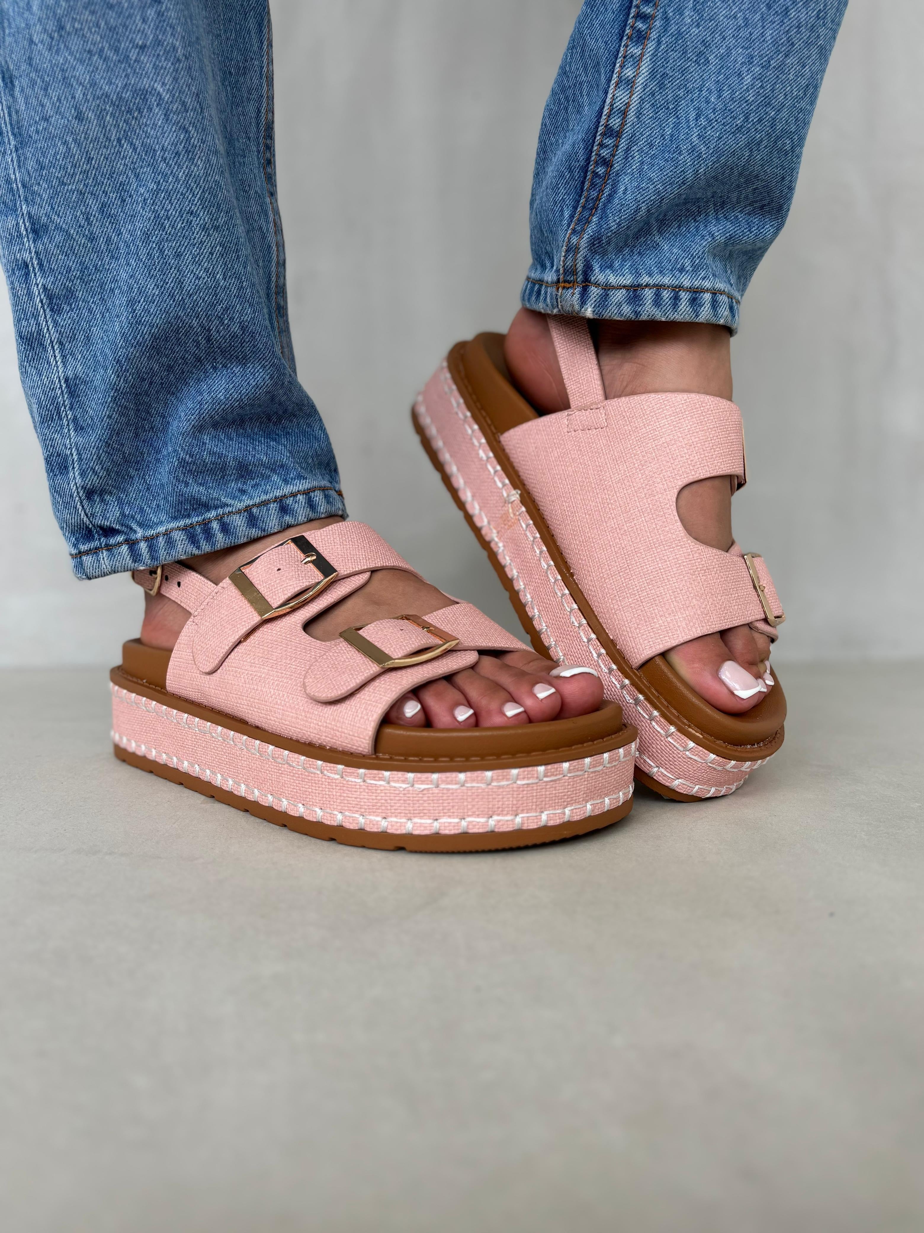 Sandalias Rosa Viejo Plataforma Alta 14348 Con Hebillas Doradas Y Correa Ajustable