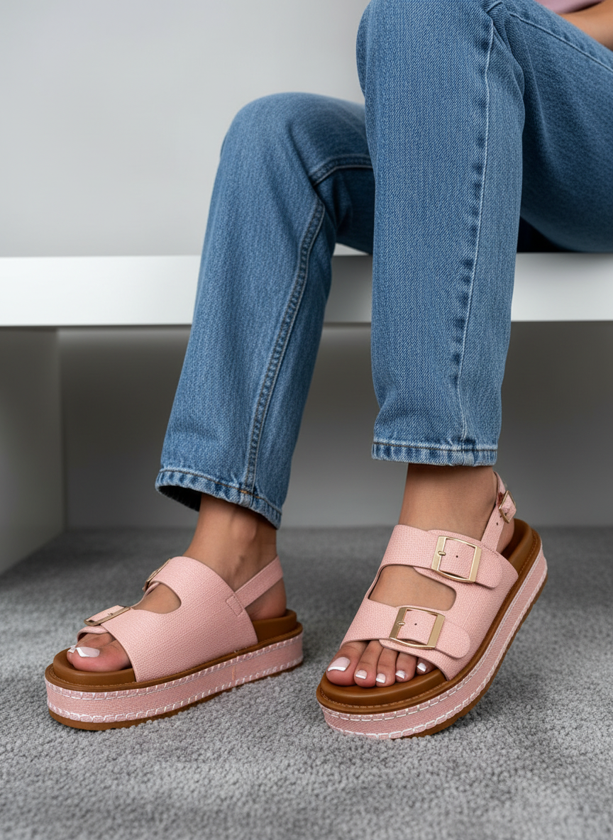 Sandalias Rosa Viejo Plataforma Alta 14348 Con Hebillas Doradas Y Correa Ajustable