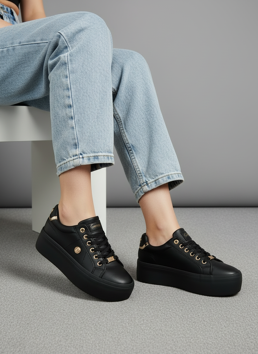 Tenis Plataforma Negro Con Detalles Dorados Metálicos Y Acabado Piel Estilo Urbano Elegante - 13438