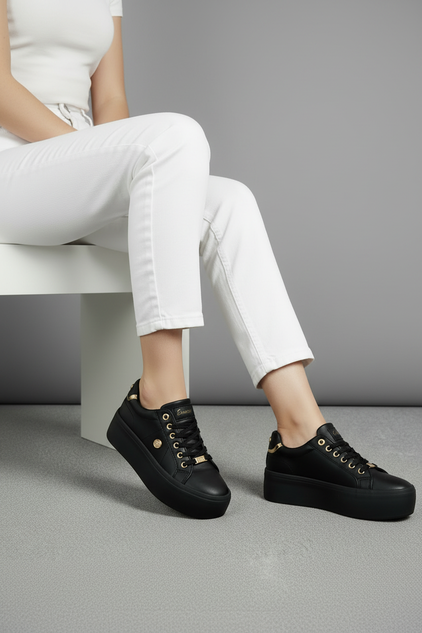 Tenis Plataforma Negro Con Detalles Dorados Metálicos Y Acabado Piel Estilo Urbano Elegante - 13438