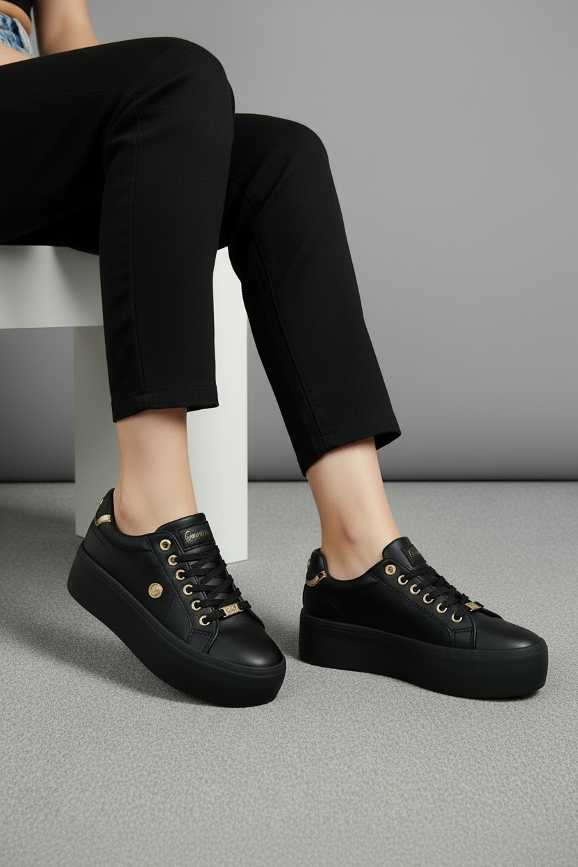 Tenis Plataforma Negro Con Detalles Dorados Metálicos Y Acabado Piel Estilo Urbano Elegante - 13438