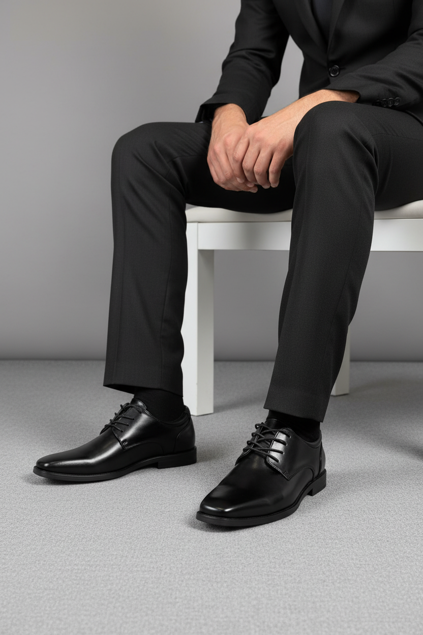 Zapato Casual De Piel Negra Con Cordones Y Suela De Caucho, Acabado Liso Que Realza La Textura De La Piel – 14100