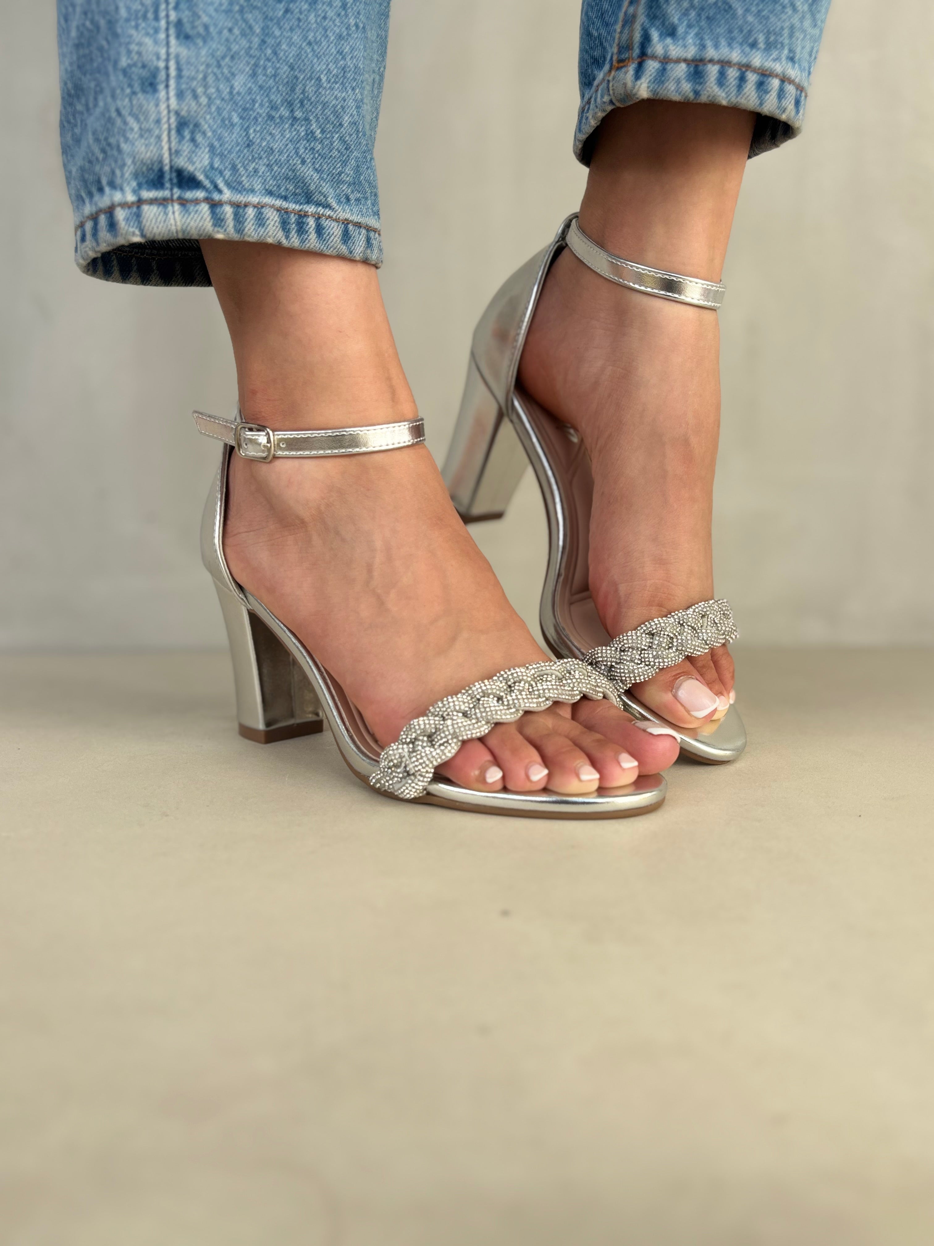 Sandalias Tiras Trenzadas Brillantes 14328 Tacón Alto Glamuroso Con Pedrería Metálica