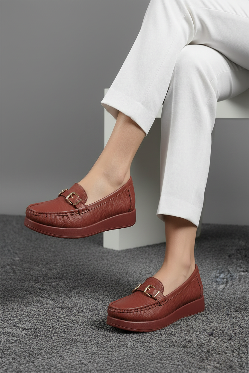 Mocasines de Piso en Material Sintético Texturizado Negro con Hebilla Estilo Clásico y Comodidad Todo el Día 14017