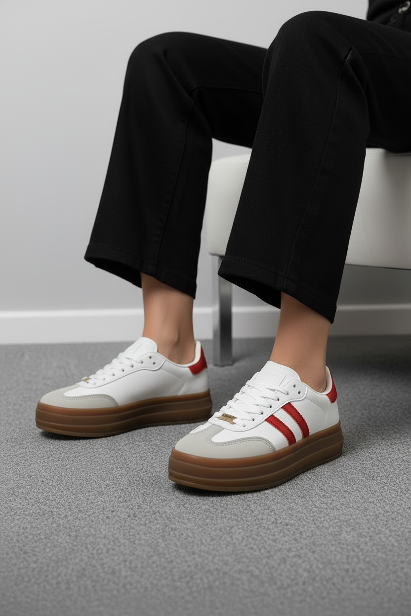 Tenis Plataforma Blanco Con Detalles En Rojo Y Suela Caramelo - Estilo Retro Deportivo - 13369