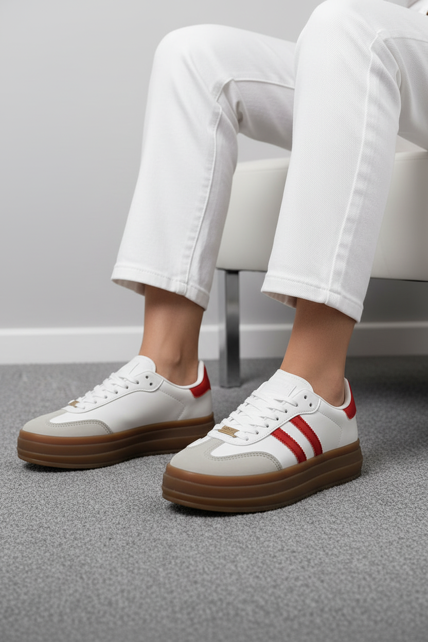Tenis Plataforma Blanco Con Detalles En Rojo Y Suela Caramelo - Estilo Retro Deportivo - 13369