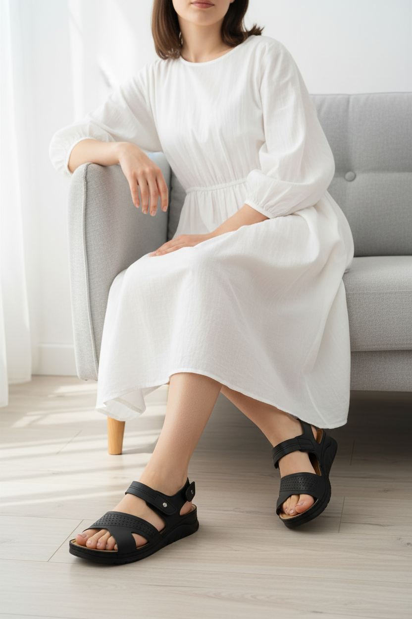 Sandalias Negras Con Plataforma Y Correa Con Hebilla Dorada Para Uso Diario - 14715