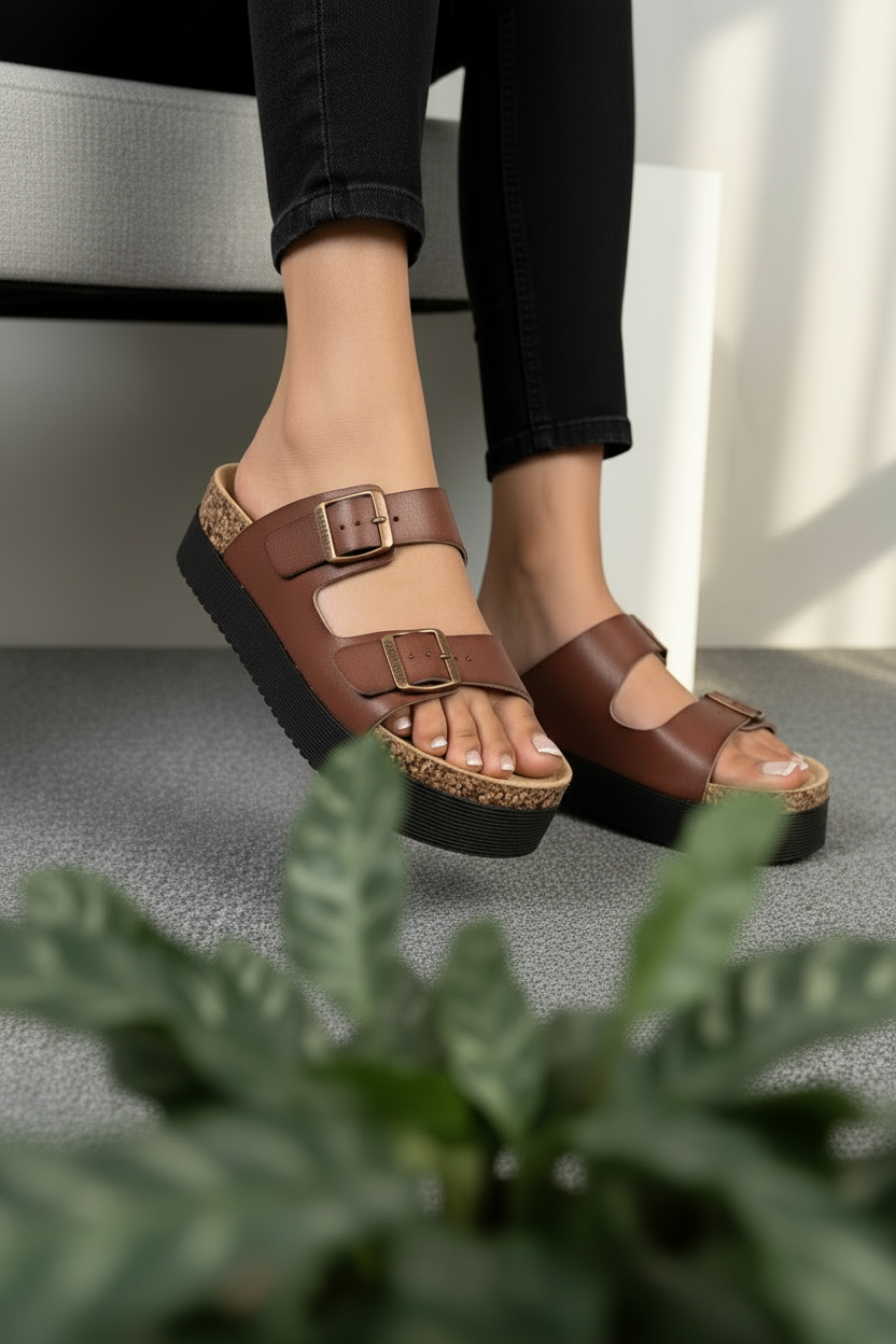Sandalias De Plataforma Chestnut Con Hebillas Metálicas Y Doble Correa Ajustable Estilo Clásico Moderno 14504