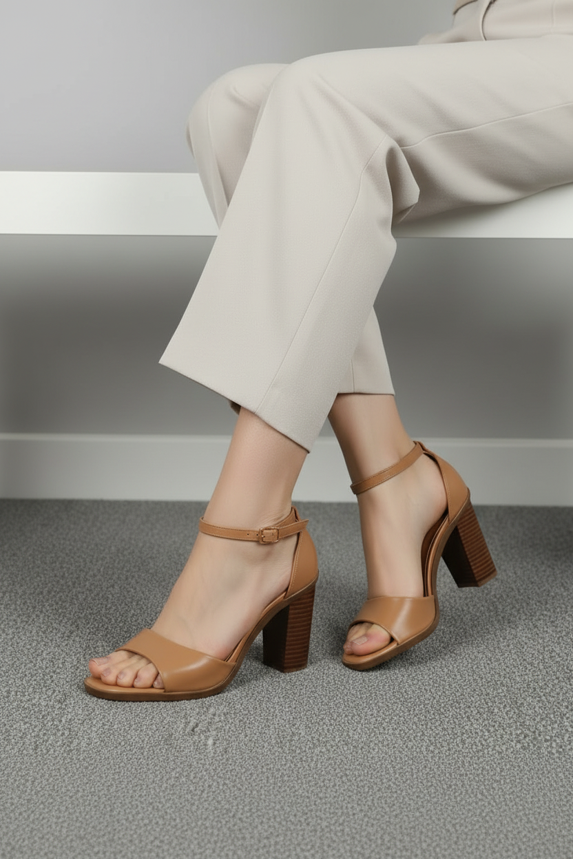 Sandalia De Tacón Alto En Tono Miel Con Tira Delantera Ancha Y Soporte En El Talón - 13611