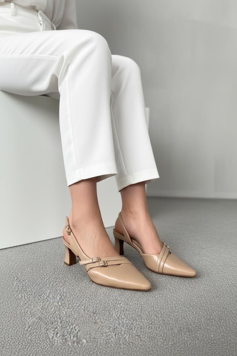 Zapatos Cruzadas Beige 14249 Elegantes Cómodos Con Tacón Medio Correas Cruzadas Hebilla Lateral