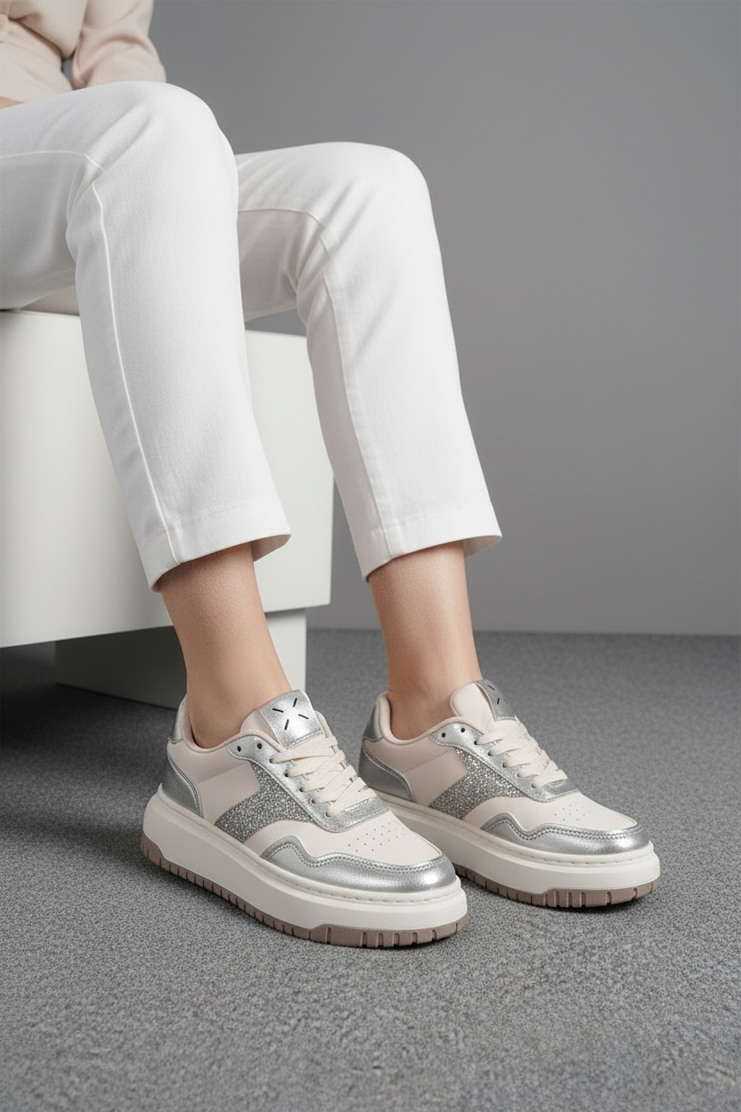 Tenis Urbanos Para Mujer En Blanco Con Detalles Plateados Brillantes Estilo Casual Y Chic – 13560