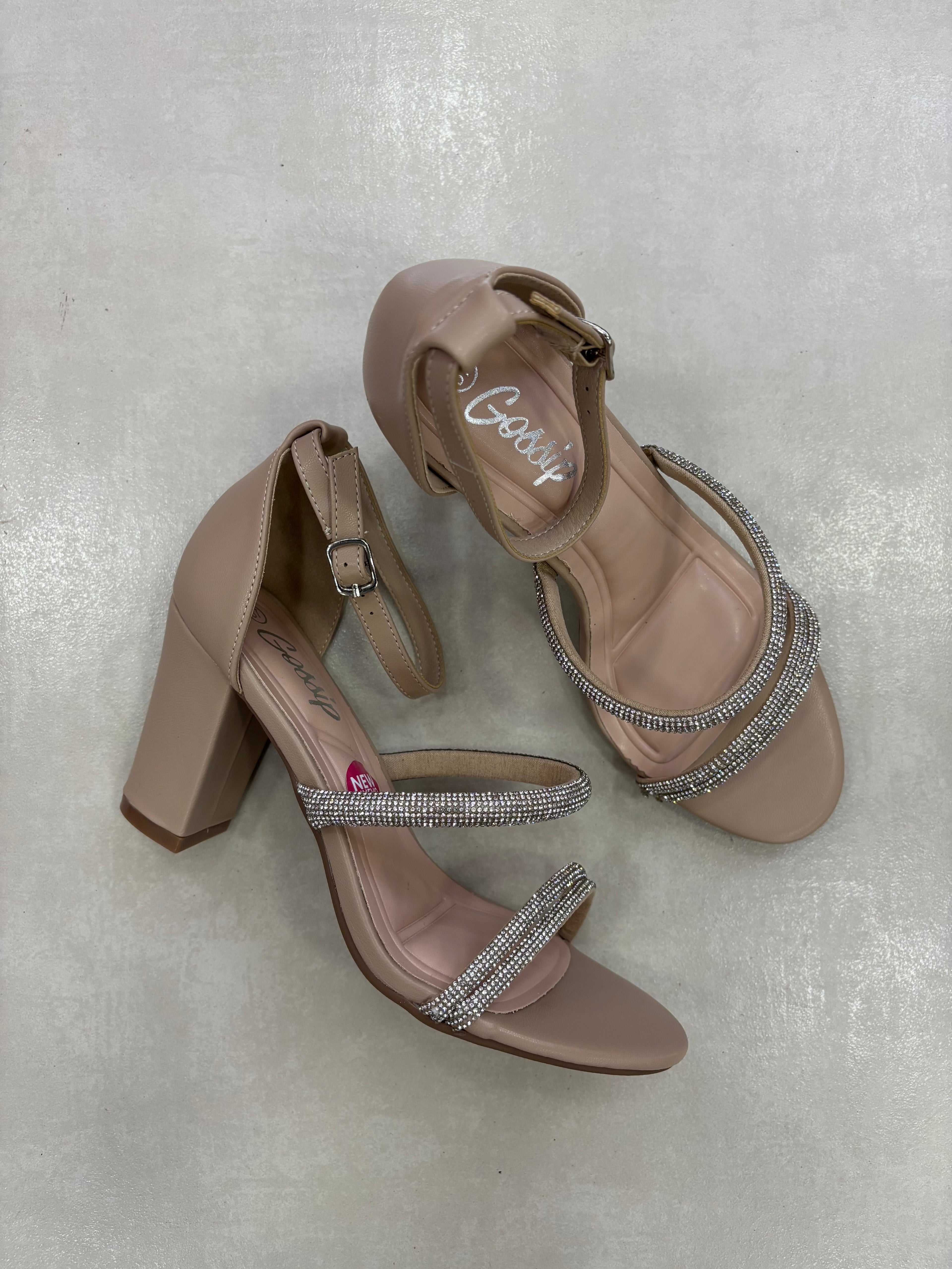 Sandalias Beige Glamour 14329 Con Tiras Decoradas Con Cristales Brillantes Y Tacón Cuadrado Para Comodidad Y Estabilidad