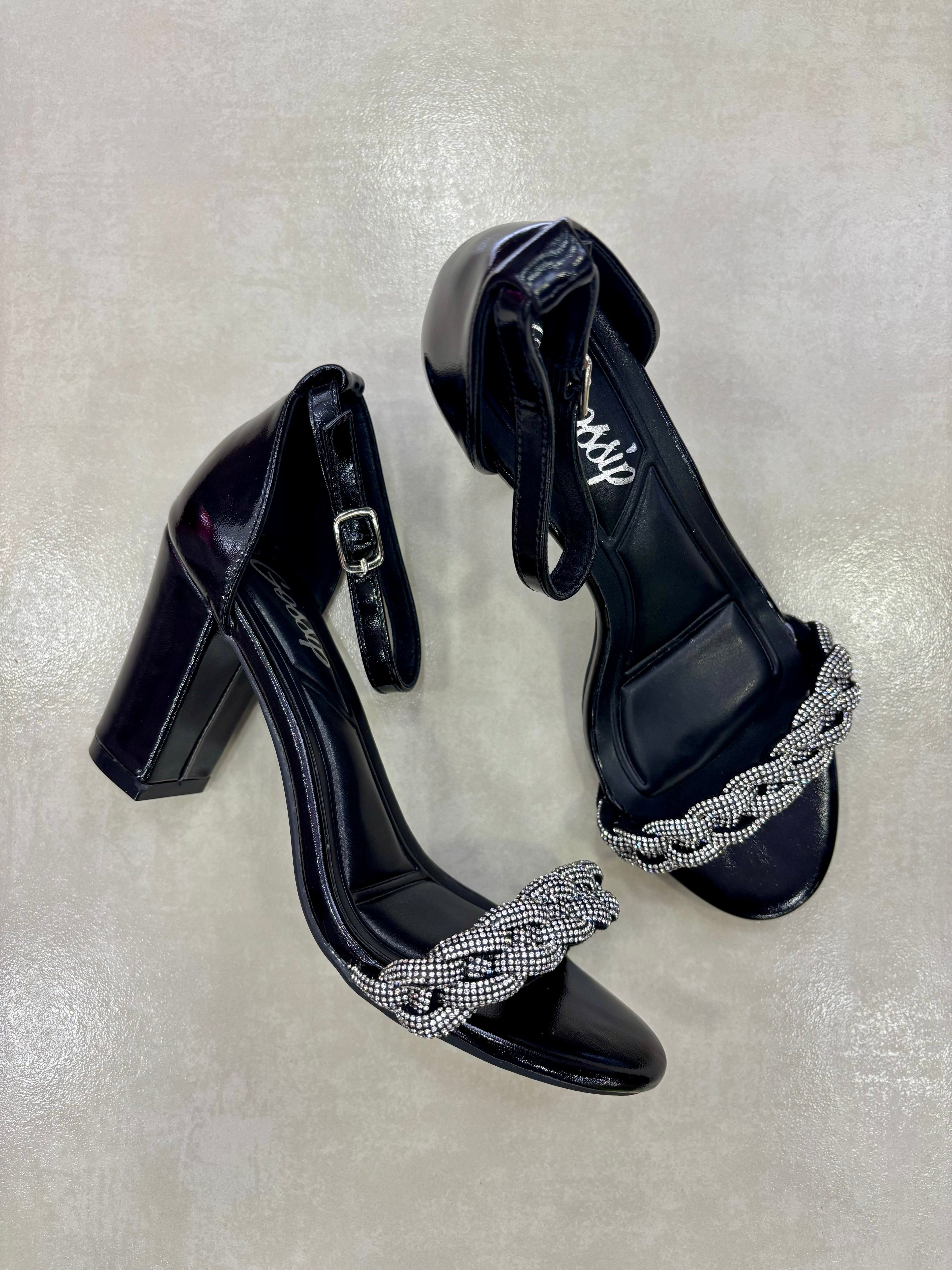 Sandalias de Tacón Negro con Tiras Brillantes para Dama Elegantes para Eventos – 14326