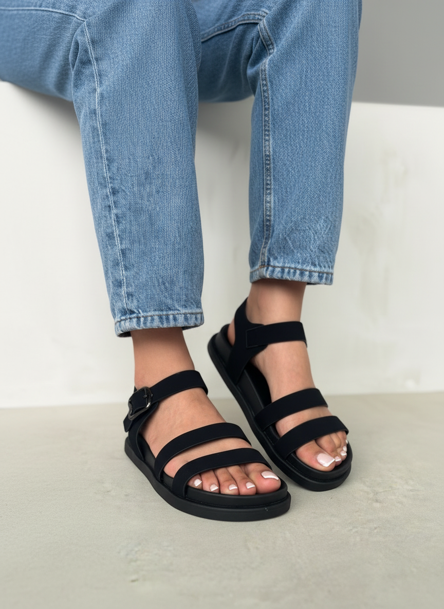 Sandalias Negras Elegancia Minimalista 14476 Con Tiras Cruzadas Y Hebilla Para Uso Diario