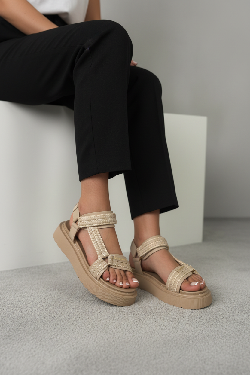 Sandalias Beige Plataforma 14277 Con Cierres Ajustables Ligera Y Moderna Para Todo El Dia