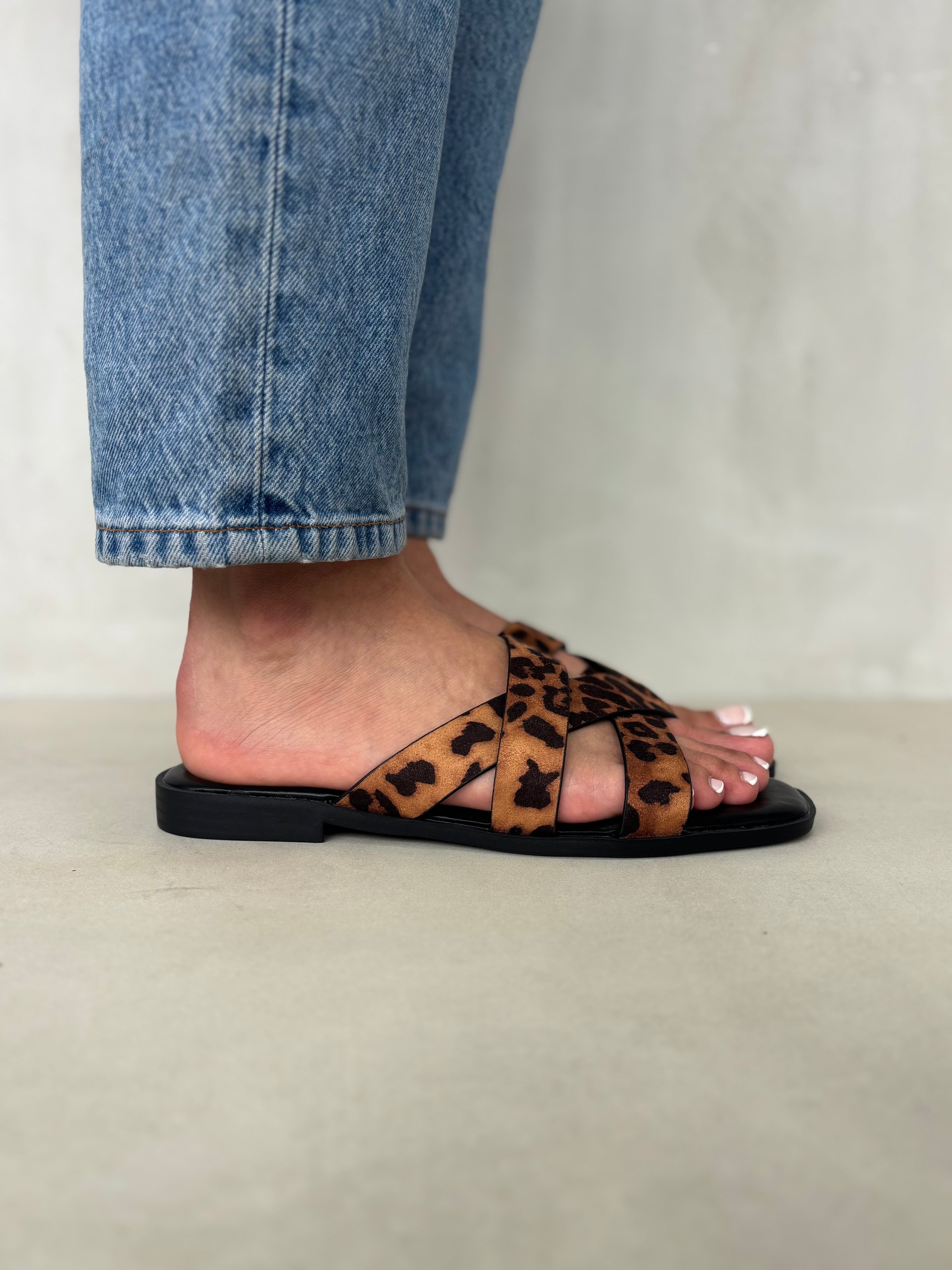 Sandalias Leopardo Marrón Cruzadas 14414 Confort Todo El Día Ajuste Firme Y Elegante Para Verano