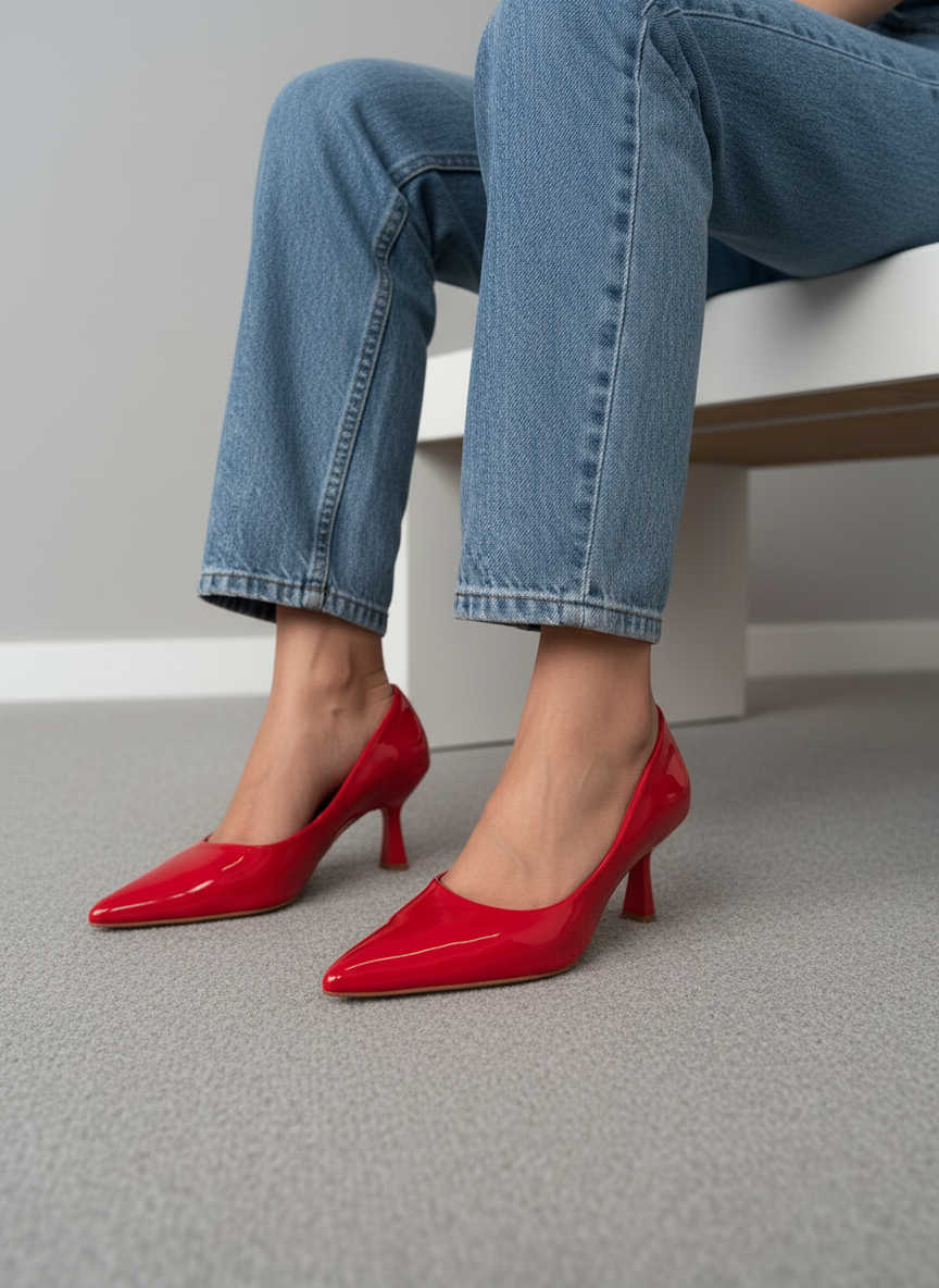 Zapatos De Tacón Punta Fina Rojo Charol 14425 Estilo Icónico Y Sofisticado Con Tacón Medio Aporta Confianza