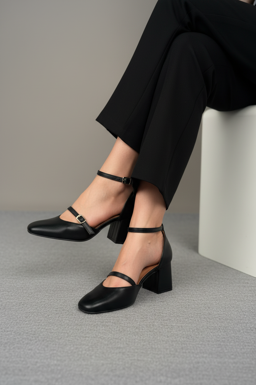 Zapatos Negros Tacón Cuadrado Doble Correa 14428 Silueta Clásica Con Detalles Modernos