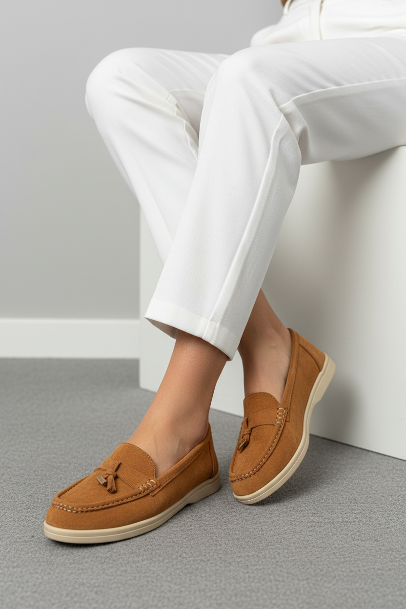 Mocasines Tan en Gamuza con Detalle Metálico en la Parte Frontal Estilo Versátil con Toque Clásico - 14448