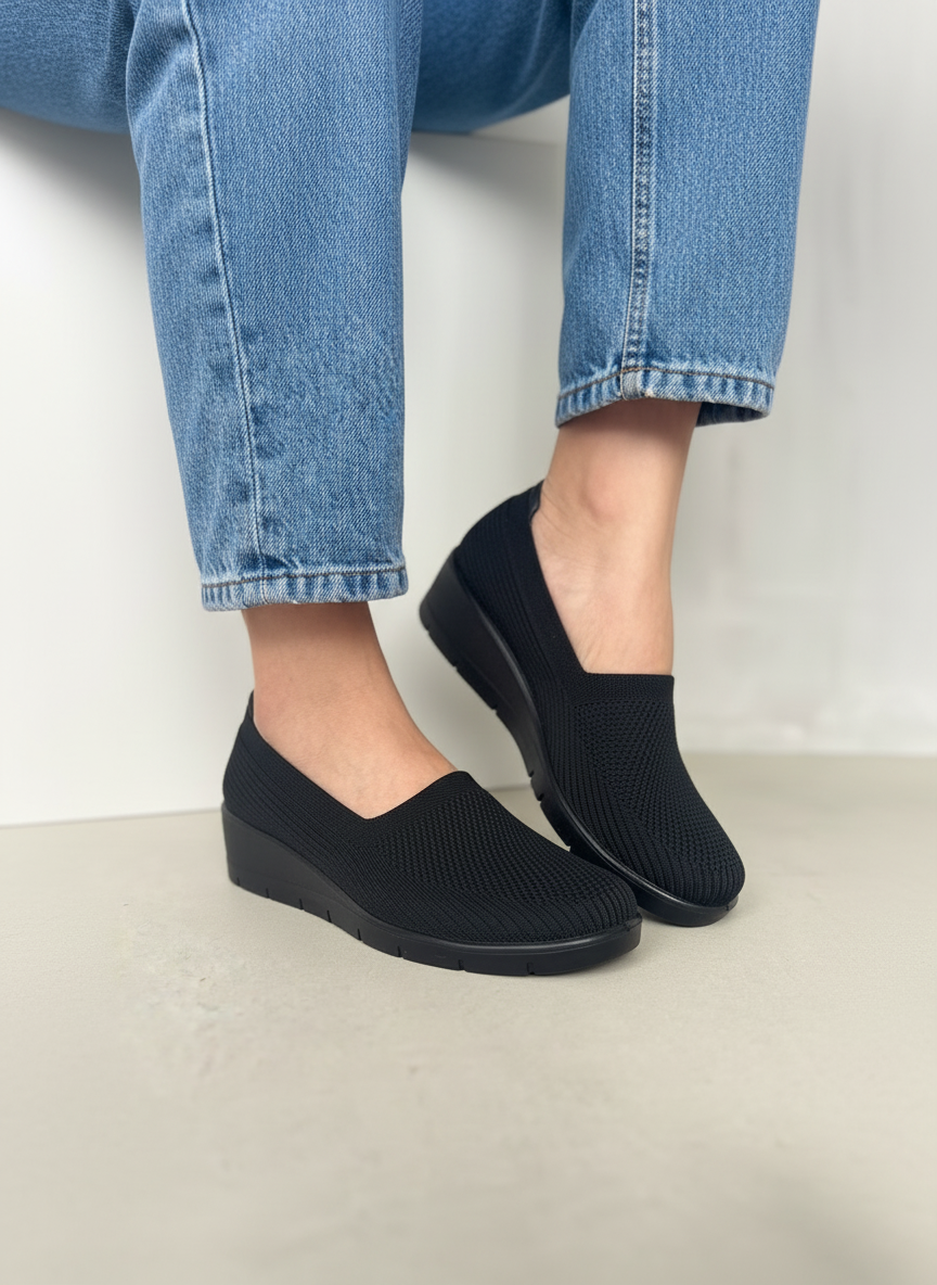 Zapatos Slip On Tejidos Negros Con Plataforma Ergonómica Estilo Urbano Minimalista Para Uso Diario - 14081