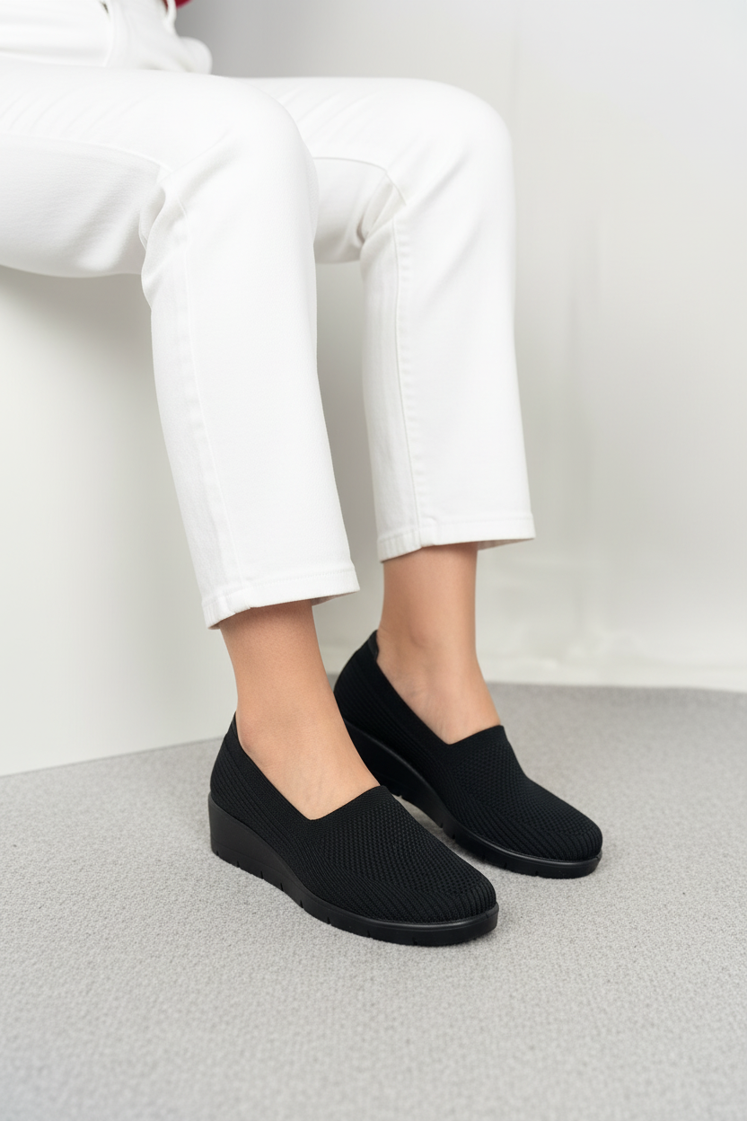 Zapatos Slip On Tejidos Negros Con Plataforma Ergonómica Estilo Urbano Minimalista Para Uso Diario - 14081