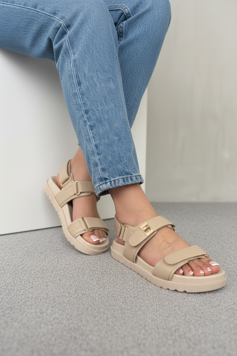 Sandalias Doble Correa Dorada 14416 Con Correas Ajustables Y Detalles Metálicos Dorados