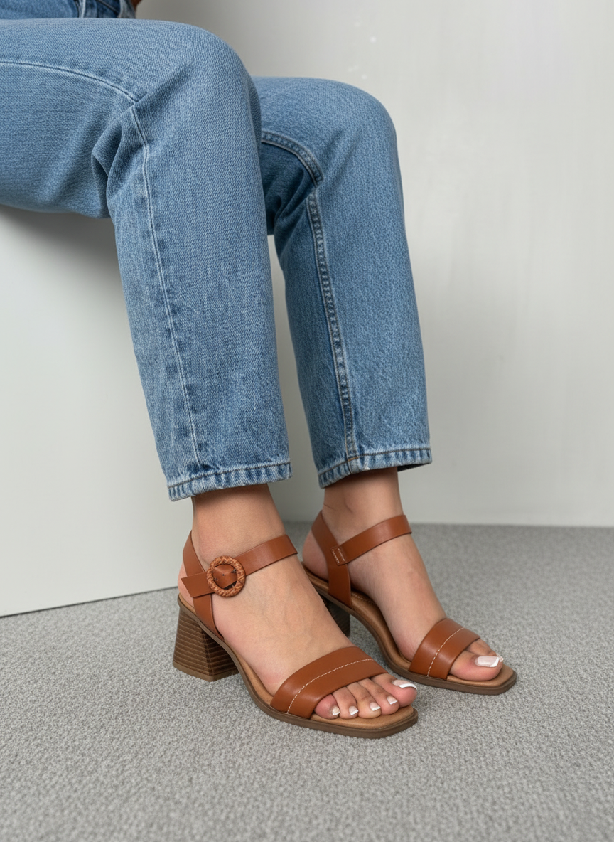 Sandalias de Tacón Medio Hebilla Trenzada 13139 con Tiras Anchas y Detalle Moderno