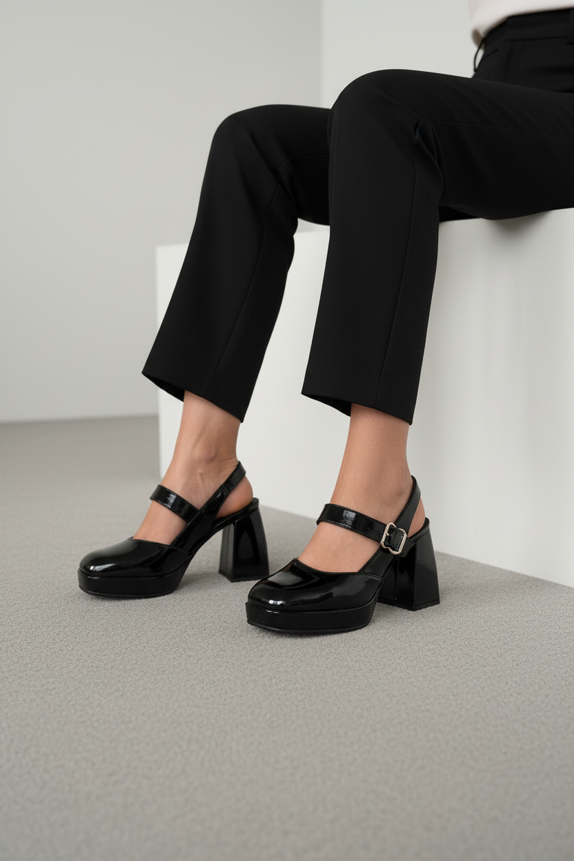 Zapatos Plataforma Charol Negro Con Tacón Grueso Y Hebilla Metálica - Estilo Retro - 13761