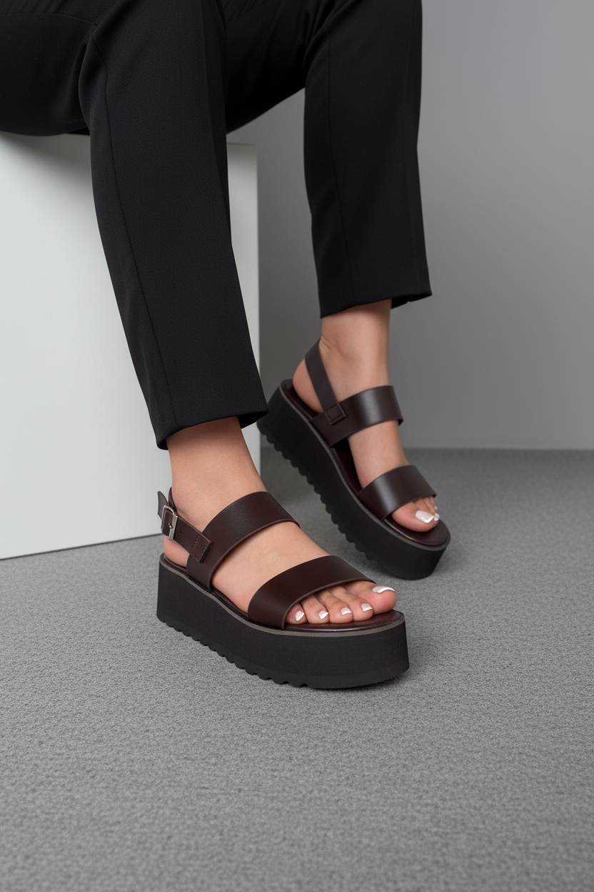 Sandalias Café Oscuro Con Plataforma Alta, Tiras Anchas Y Hebilla Ajustable – 14270