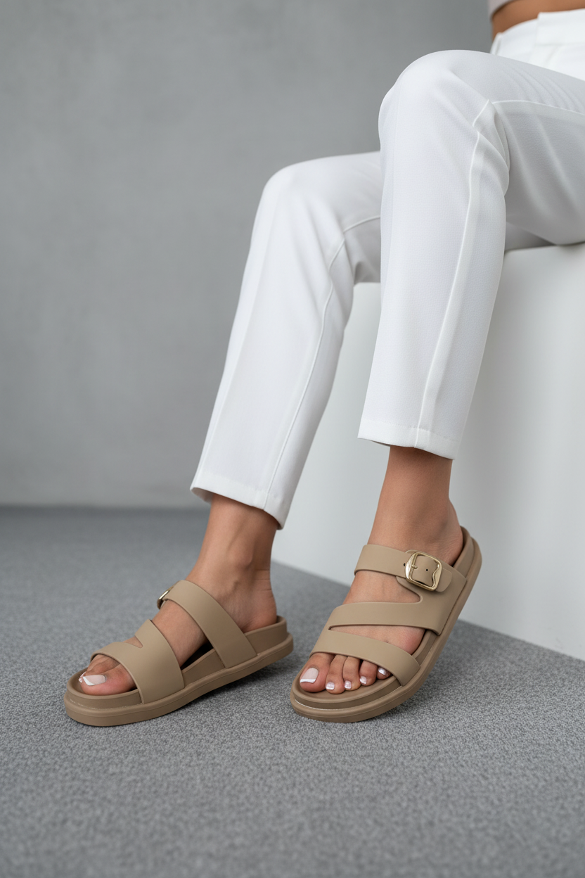 Sandalias Beige Con Hebilla Dorada Y Tiras Cruzadas Comodidad Sofisticada Para Verano 14475