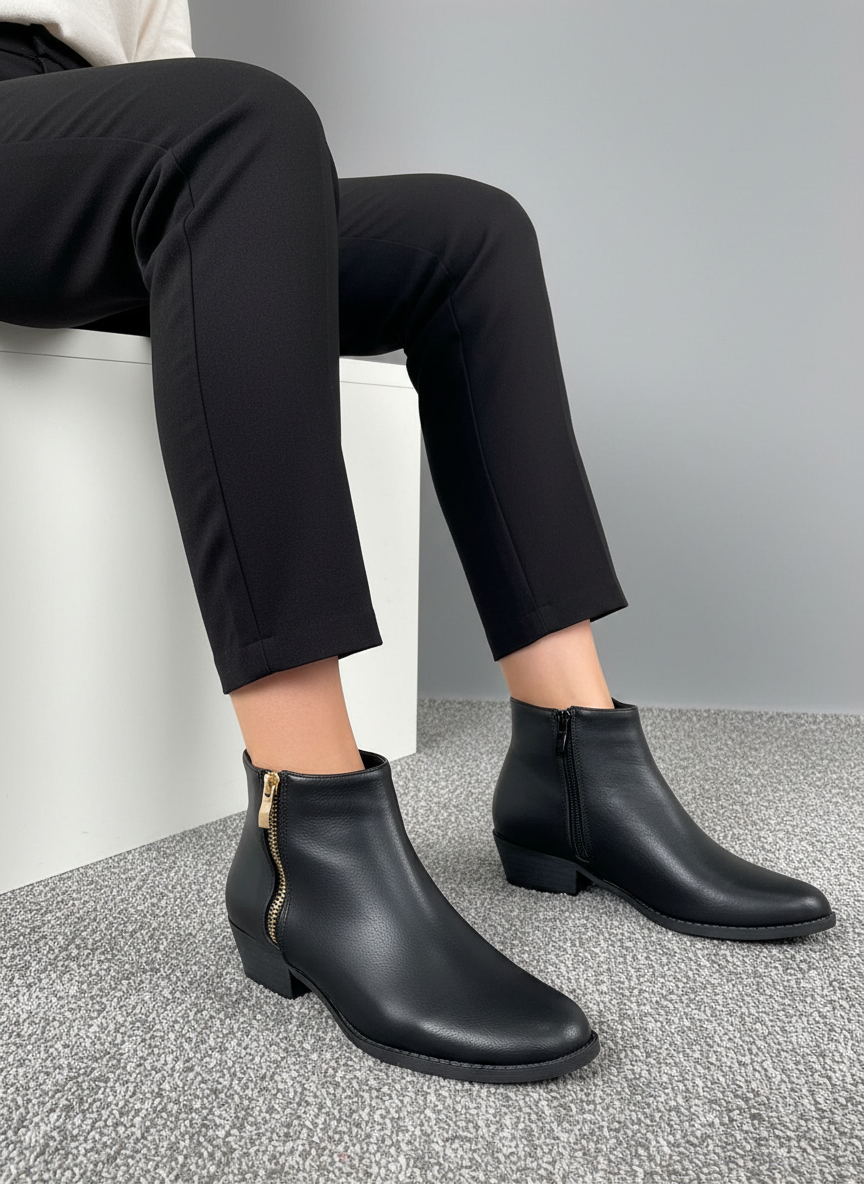 Botines Negros Con Cierre Dorado Tacón Medio 14305 Elegancia Y Comodidad Versátil Para Cualquier Ocasión