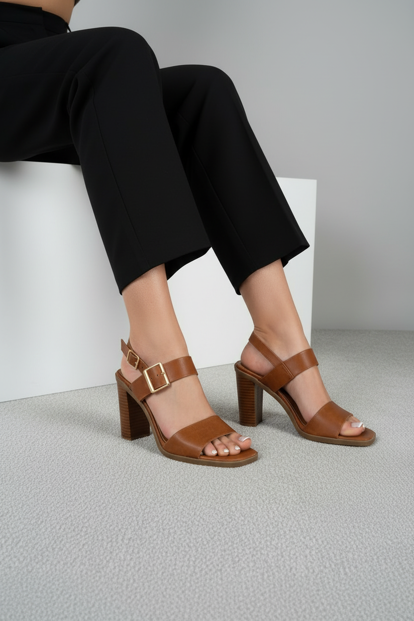 Sandalia De Tacón Alto Con Dos Tiras Y Pulsera Ajustable En El Tobillo, Color Negro, Estilo Sofisticado - 13609